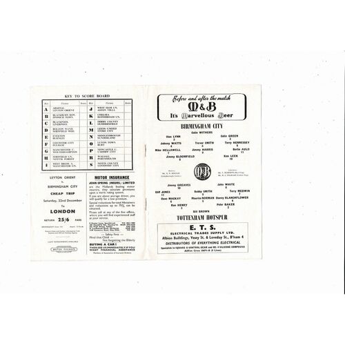 1962/63 Birmingham City v Tottenham Hotspur Football Programme