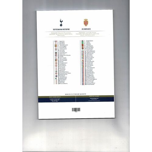 Tottenham Hotspur v AS Monaco Champions League Football Programme 2016/17