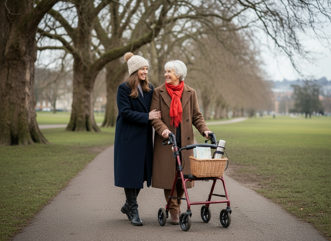 Adult daughter supporting her older mum on a walk in Bristol