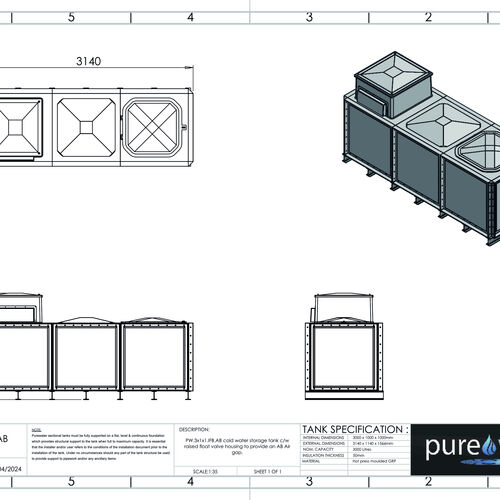 PW.3X1X1.IFB.AB - 3000 LITRE SECTIONAL WATER TANK, INTERNALLY FLANGED BASE (IFB) C/W FVH