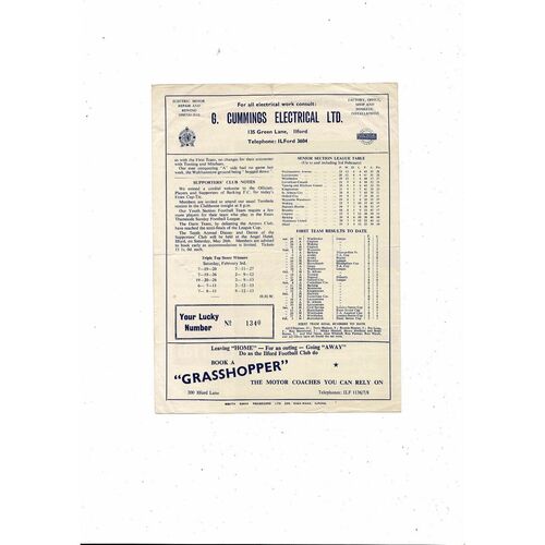 1961/62 Ilford v Barking Essex Senior Cup Football Programme