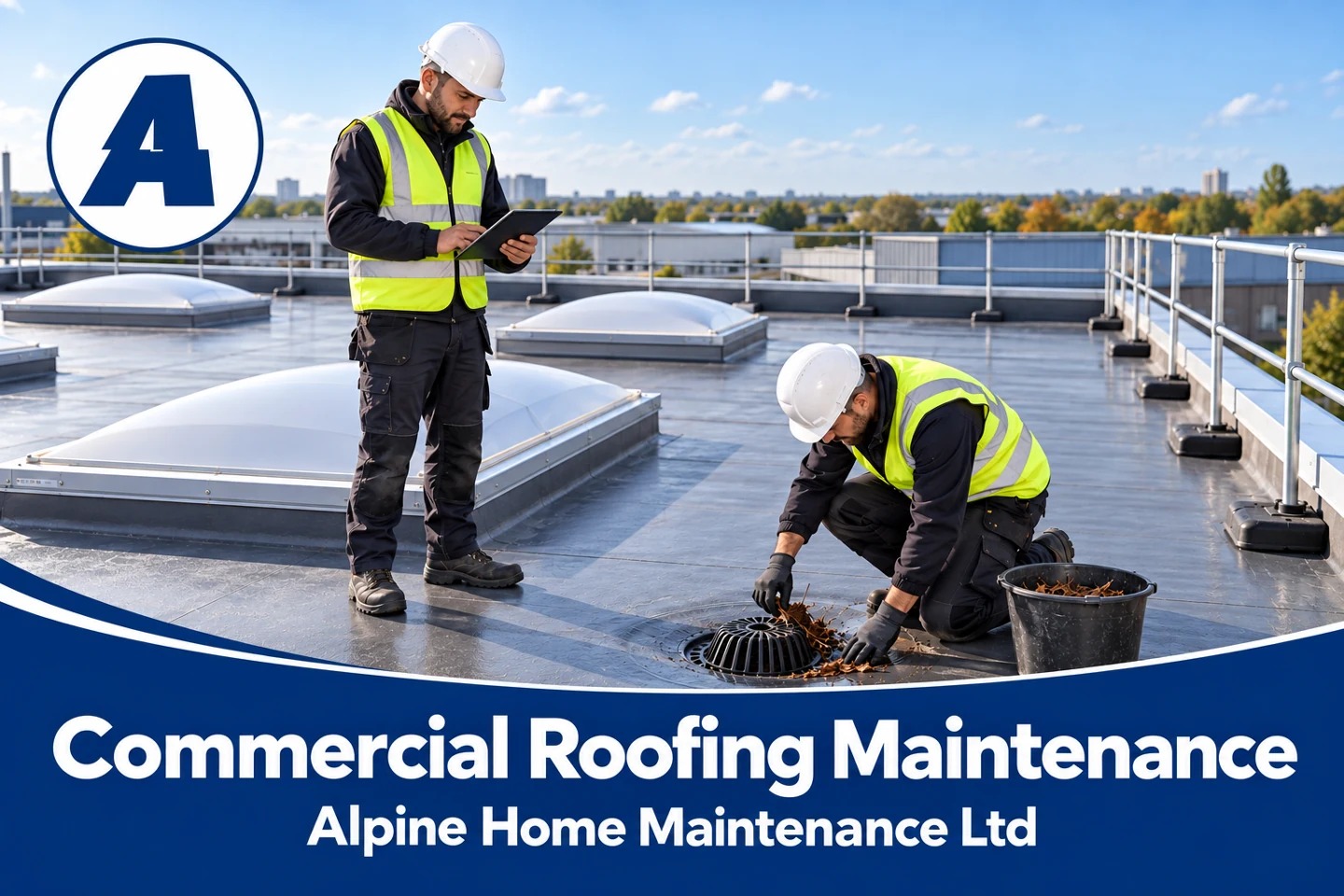 Alpine commercial roof maintenance illustration showing a drainage outlet inspection and checklist