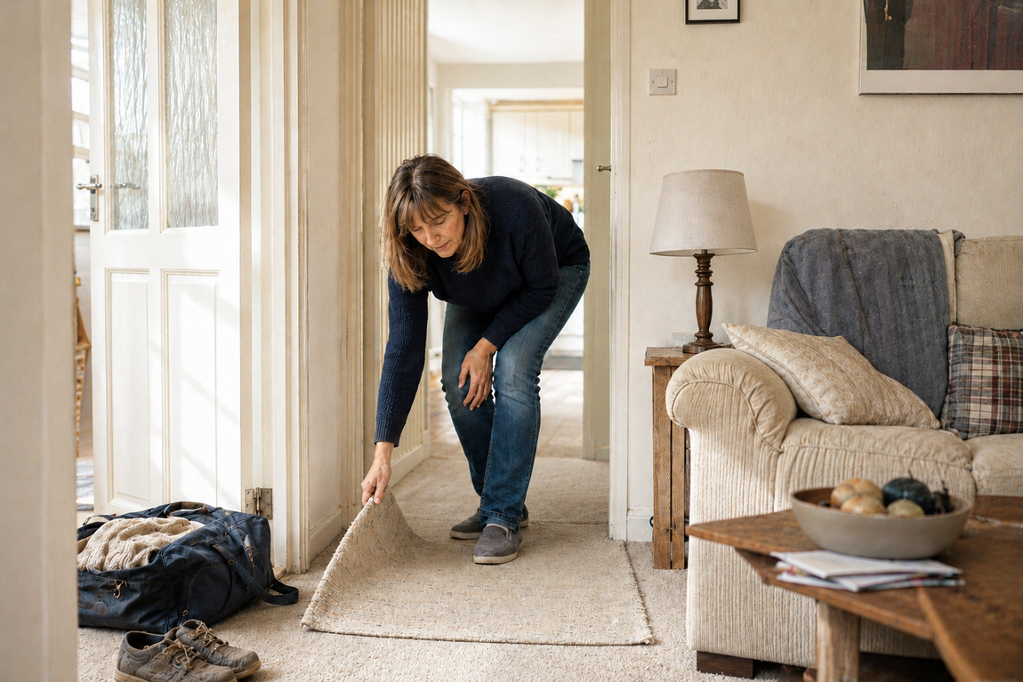 Daughter removing a loose rug while preparing an older relative’s home for hospital discharge.