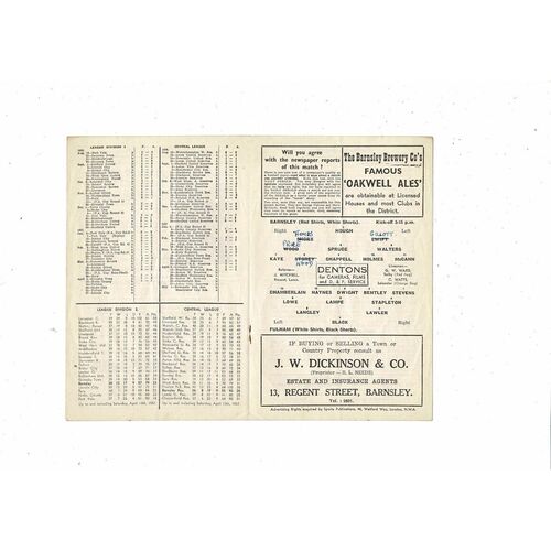 1956/57 Barnsley v Fulham Football Programme