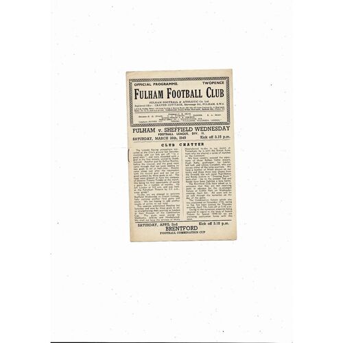 1948/49 Fulham v Sheffield Wednesday Football Programme