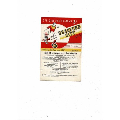 1956/57 Bradford City v Carlisle United Football Programme