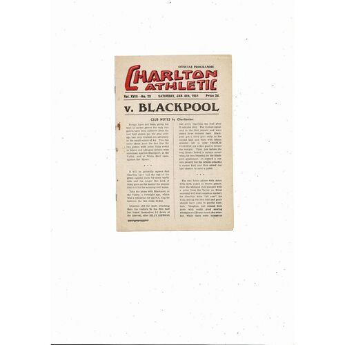 1950/51 Charlton Athletic v Blackpool FA Cup Football Programme