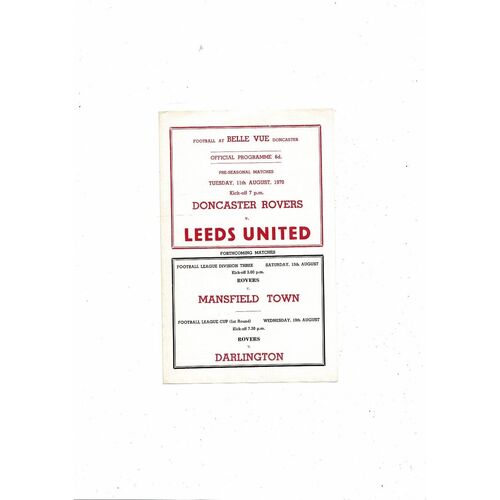 Doncaster Rovers v Leeds United Friendly Football Programme 1970/71