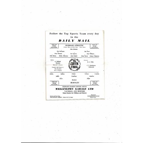 Oldham Athletic v Burnley Friendly Football Programme 1961/62