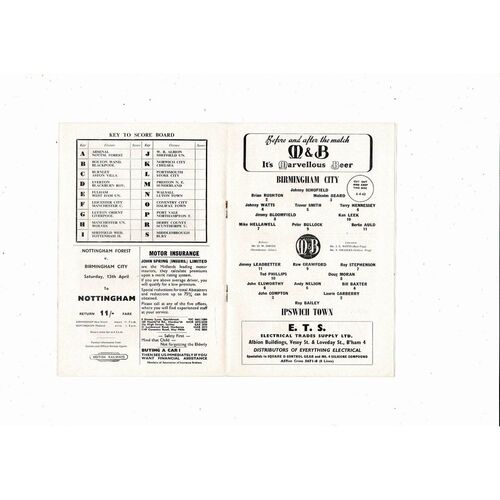 1962/63 Birmingham City v Ipswich Town Football Programme