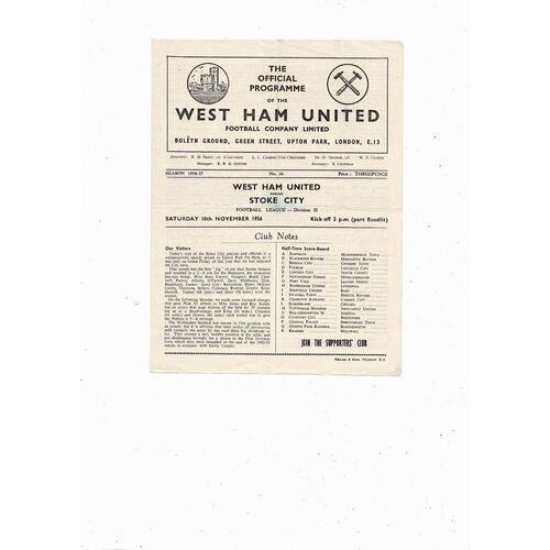 1956/57 West Ham United v Stoke City Football Programme