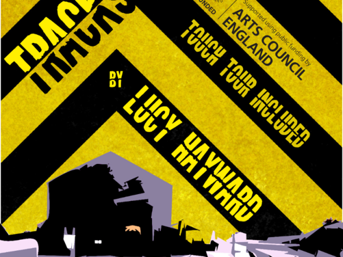 There is a black signal box at the bottom with a lilac warehouse hidden behind, the shadow of railway machinery and shadowy rail tracks. Above there are diagonal stripes of yellow and black. On top of the diagonal stripes in opposite colours is: On the Tracks. Supported using public funding by Arts Council England. Touch tour included By Lucy Hayward.