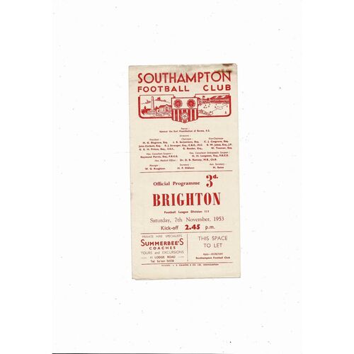1953/54 Southampton v Brighton Football Programme