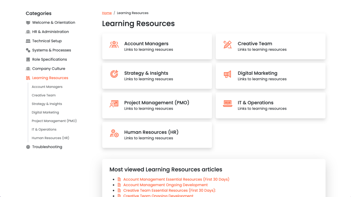 A screenshot of a web page showing learning materials and resources in a knowledgebase