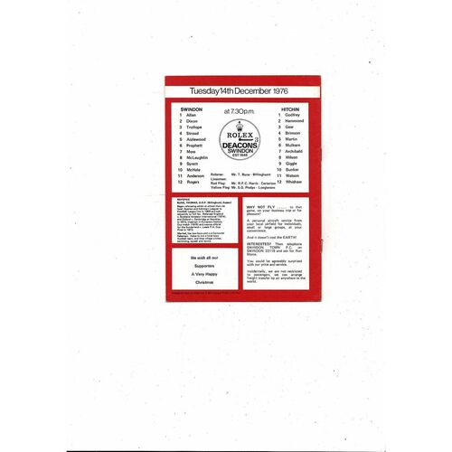 Swindon Town v Hitchin Town 2nd Round Replay FA Cup Football Programme 1976/77