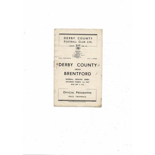 1946/47 Derby County v Brentford Football Programme