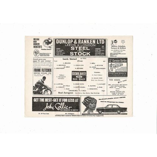 1966 Leeds United v Real Zaragoza UEFA Fairs Cup Semi Final Football Programme April