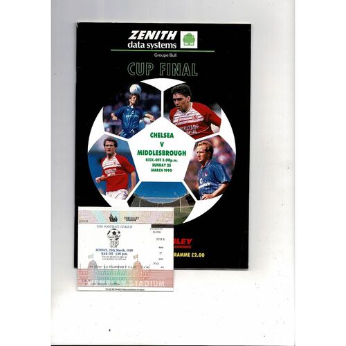 1990 Chelsea v Middlesbrough Zenith Data Cup Final Football Programme + Ticket