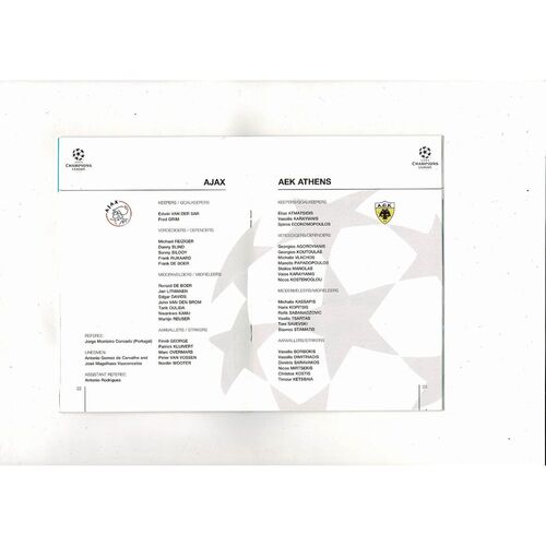 Ajax v AEK Athens UEFA Champions League Football Programme 1994/95