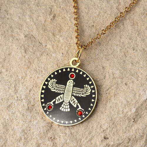 Round Pendant. The Persian Falcon. Black with 3 Red Stone.