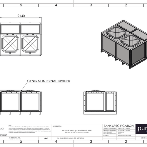 PW.2X1.5X1.IFB.DIV.AG(1+1) - 3000 LITRE DIVIDED SECTIONAL WATER TANK, INTERNALLY FLANGED BASE (IFB)