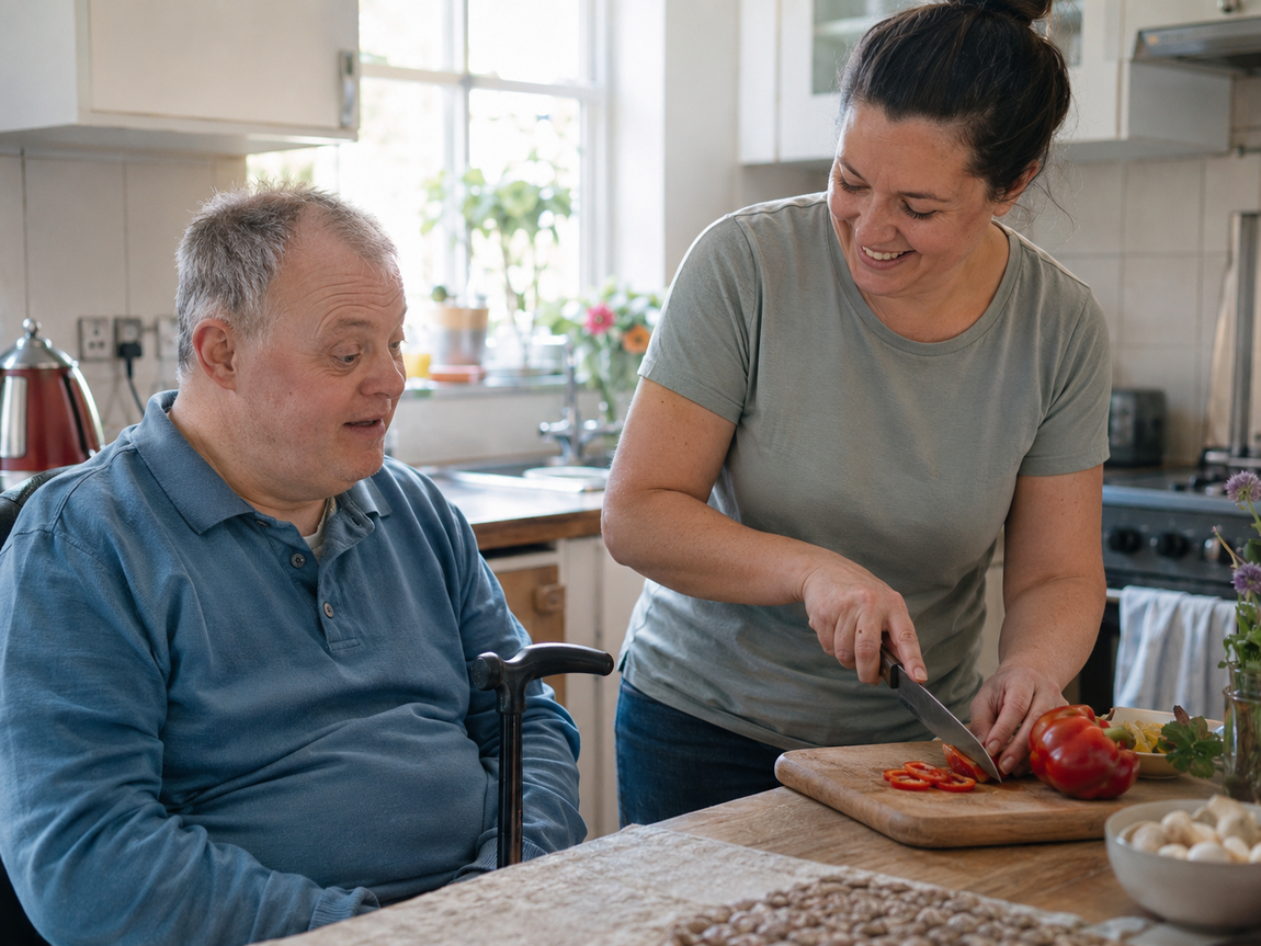 Support worker helping a man with a walking stick prepare fresh vegetables in a kitchen during an afternoon home visit.
