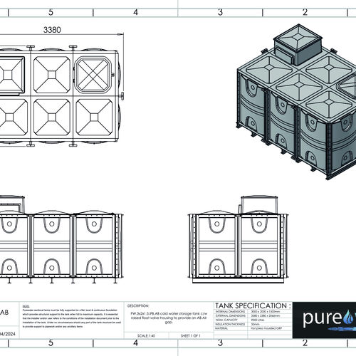 PW.3X2X1.5.IFB.AB - 9000 LITRE SECTIONAL WATER TANK, INTERNALLY FLANGED BASE (IFB) C/W FVH