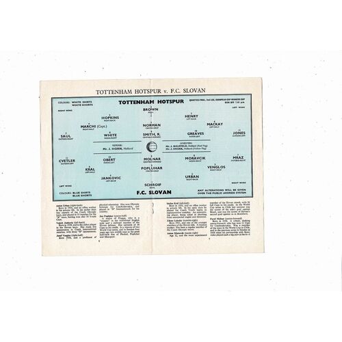 Tottenham Hotspur v Slovan European Cup Winners Cup Football Programme 1962/63