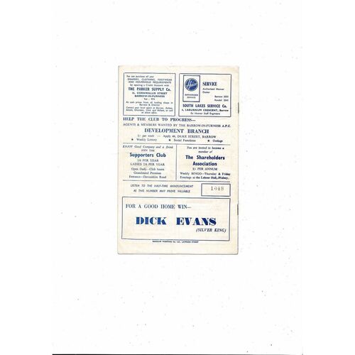 1966/67 Barrow v Barnsley Football Programme