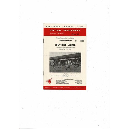 1964/65 Brentford v Southend United League Cup Football Programme