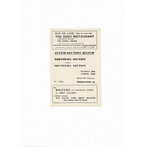 1957/58 Northern Section v Southern Section Football Programme @ Carlisle United