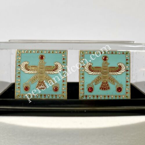 The Persian Falcon. Blue Turquoise with 3 Red Stones. Cufflinks.