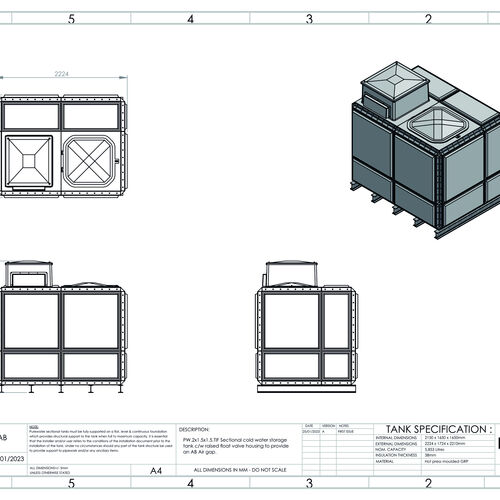 PW.2X1.5X1.5.TIF.AB - 5315 LITRE SECTIONAL WATER TANK, TOTALLY INTERNALLY FLANGED (TIF) C/W FVH