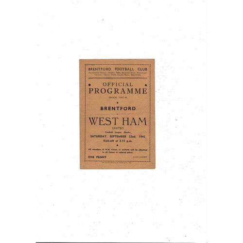 1945/46 Brentford v West Ham United Football Programme