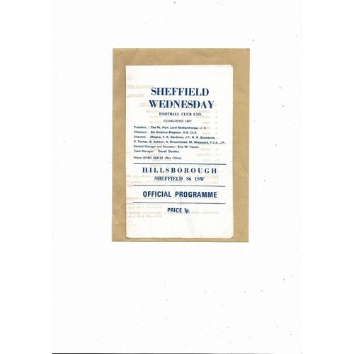 Sheffield Wednesday v Manchester City Central League Football Programme 1973/74