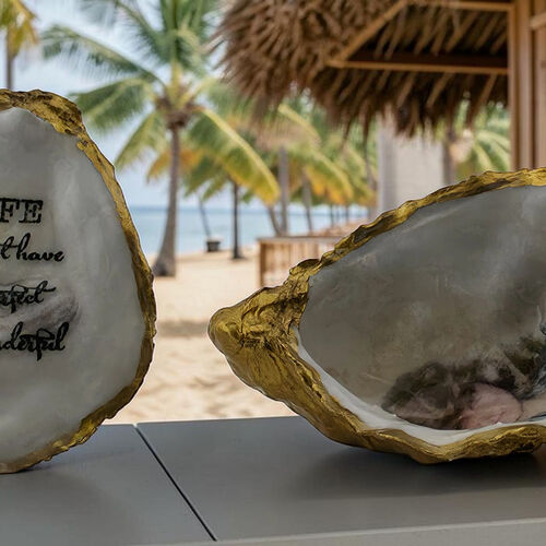 Handcrafted Oyster Shell Keepsake Box – Lady & Black Cat Decoupage with Inspirational Message