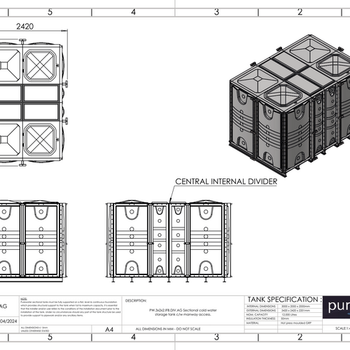 PW.3X2X2.IFB.DIV.AG(1+1) - 12000 LITRE DIVIDED SECTIONAL WATER TANK, INTERNALLY FLANGED BASE (IFB)