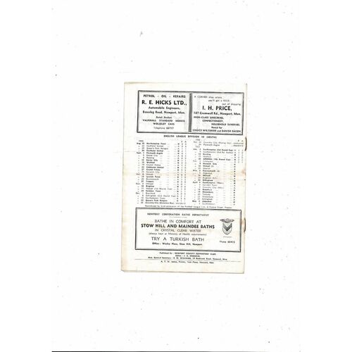 1956/57 Newport County v Norwich City Football Programme
