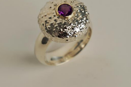 Sterling Silver Urchin Ring Set with Amethyst In 18K Gold Tube bezel