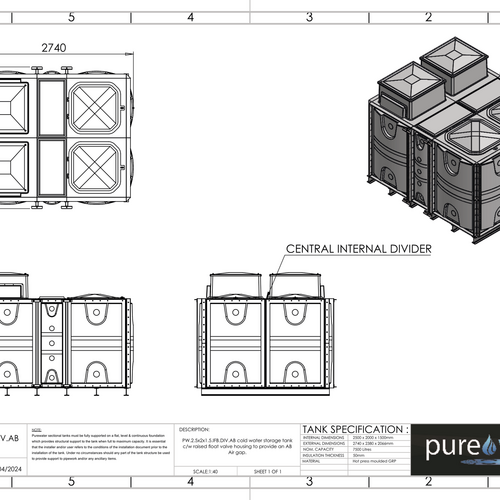 PW.2.5X2X1.5.IFB.DIV.AB(1+1) - 7500 LITRE DIVIDED SECTIONAL WATER TANK, INTERNALLY FLANGED BASE (IFB) C/W FVH