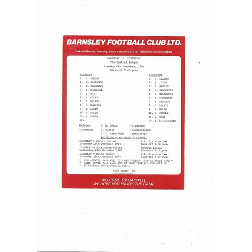 Barnsley v Liverpool Central League Football Programme 1984/85