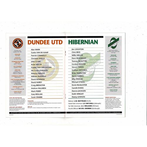 1993/94 Dundee United v Hibernian Scottish League Cup Semi Final Football Programme