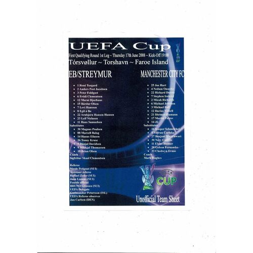 EB/Streymur v Manchester City UEFA Cup Official Football Programme, Unofficial Programme & Team Sheet 2008/09