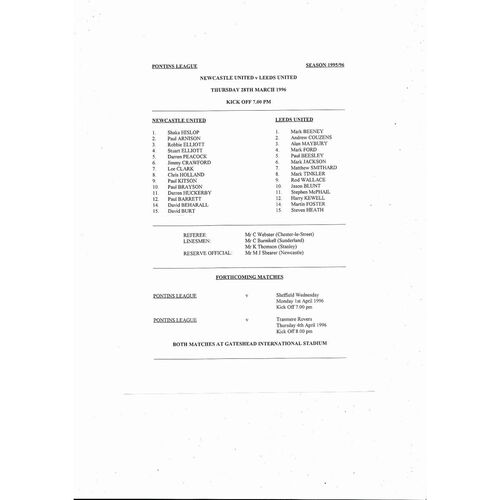 Newcastle United v Leeds United Pontins League Football Programme 1995/96