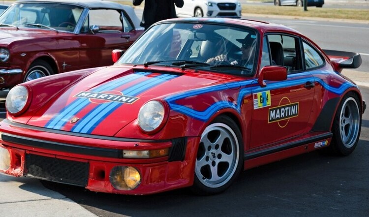 Martini livery on Porsche race car.