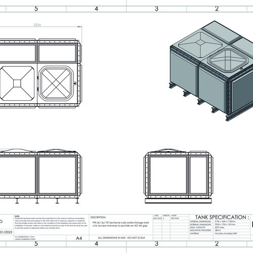 PW.2X1.5X1.TIF.AG - 4079 LITRE SECTIONAL WATER TANK, TOTALLY INTERNALLY FLANGED (TIF)