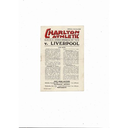 1952/53 Charlton Athletic v Liverpool Football Programme