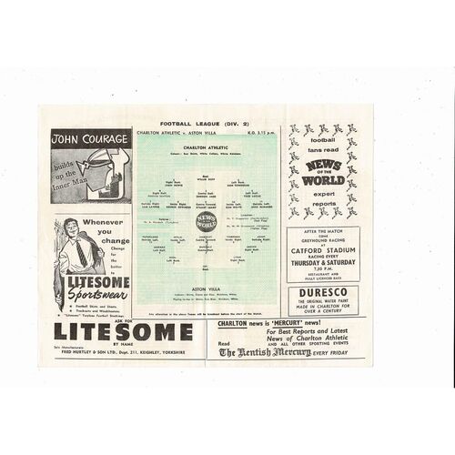 1959/60 Charlton Athletic v Aston Villa Football Programme