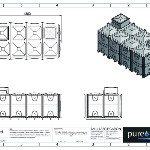 PW.4X2X1.5.IFB.AB - 12000 LITRE SECTIONAL WATER TANK, INTERNALLY FLANGED BASE (IFB) C/W FVH