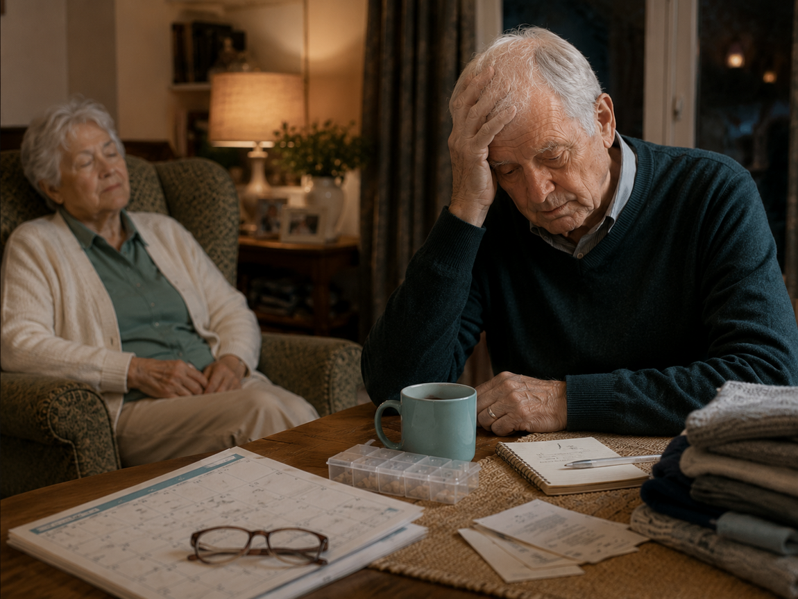 An elderly husband sits tired at the table while his wife rests nearby, showing the quiet emotional strain of caring for a loved one at home.